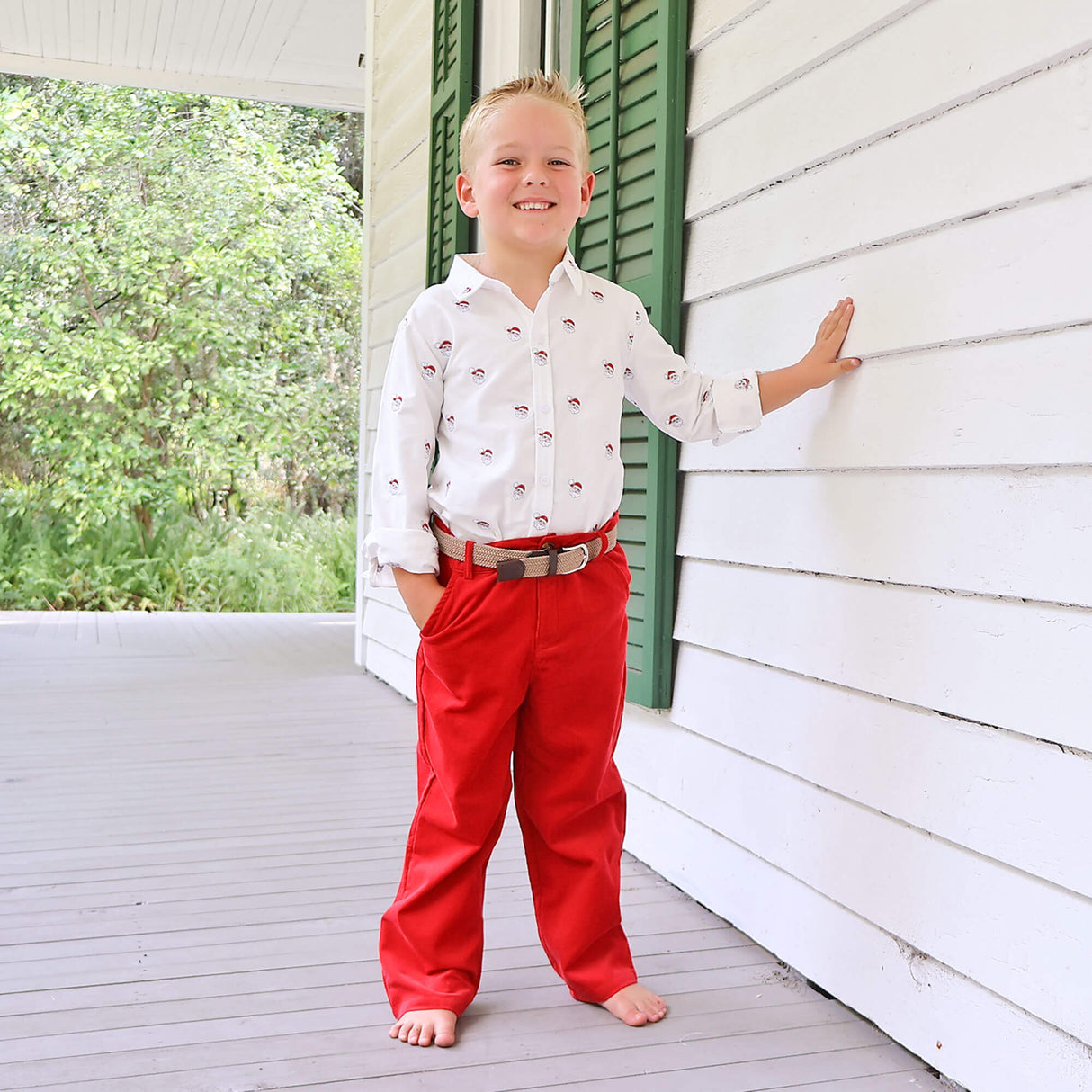 Happy Santa Schiffli White Button Down Shirt