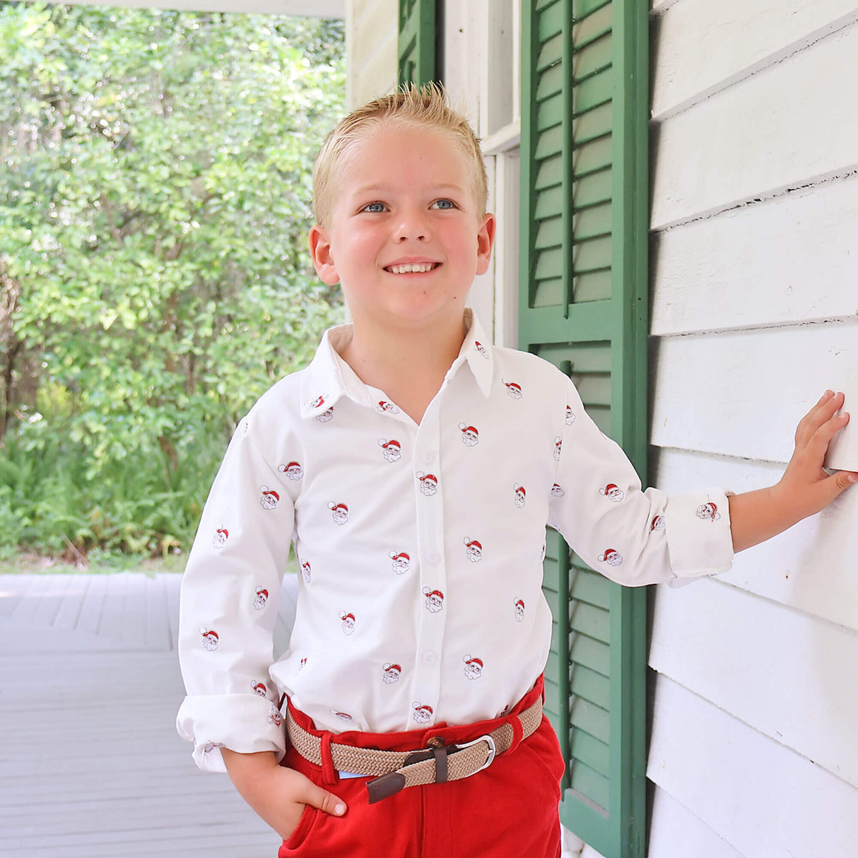 Happy Santa Schiffli White Button Down Shirt