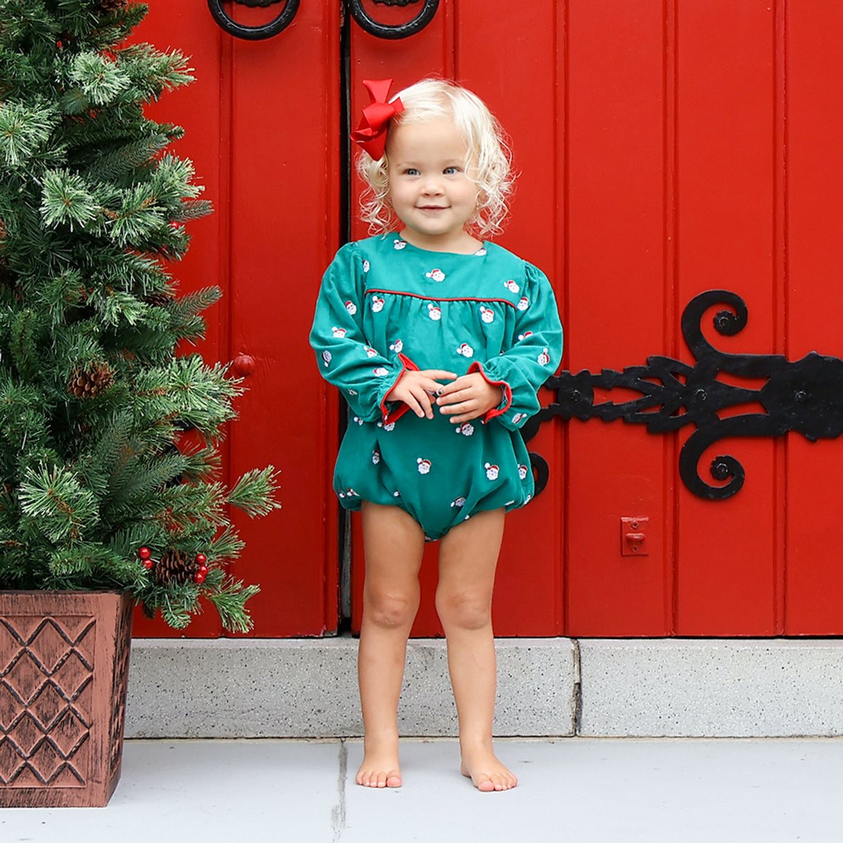 Happy Santa Green Corduroy Schiffli Bubble