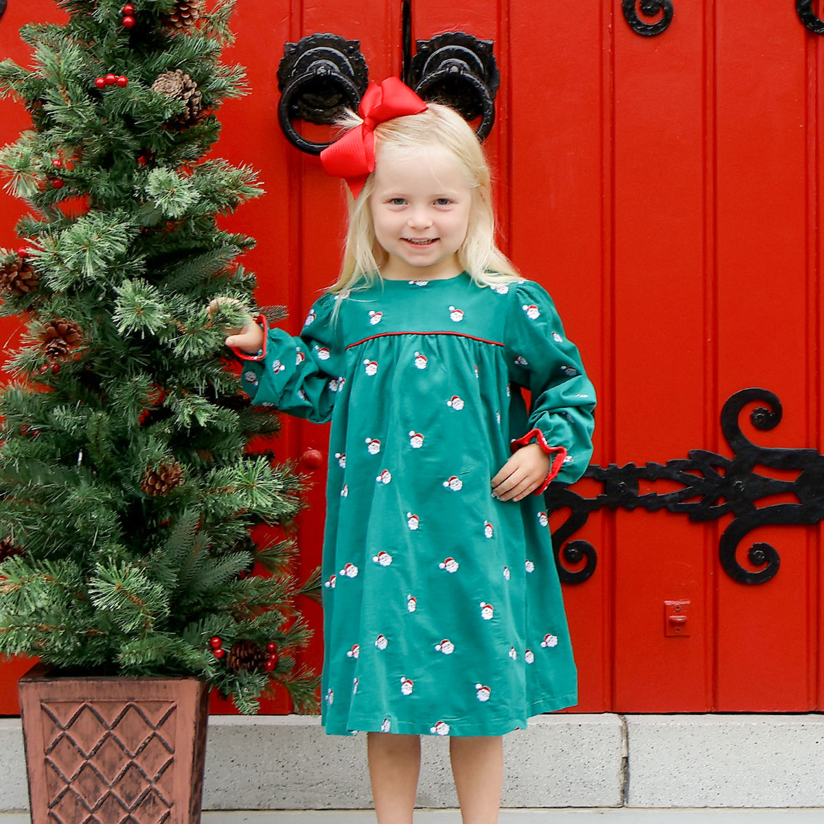 Happy Santa Green Corduroy Schiffli Dress
