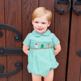 Jolly Christmas Smocked Green Windowpane Collared Bubble
