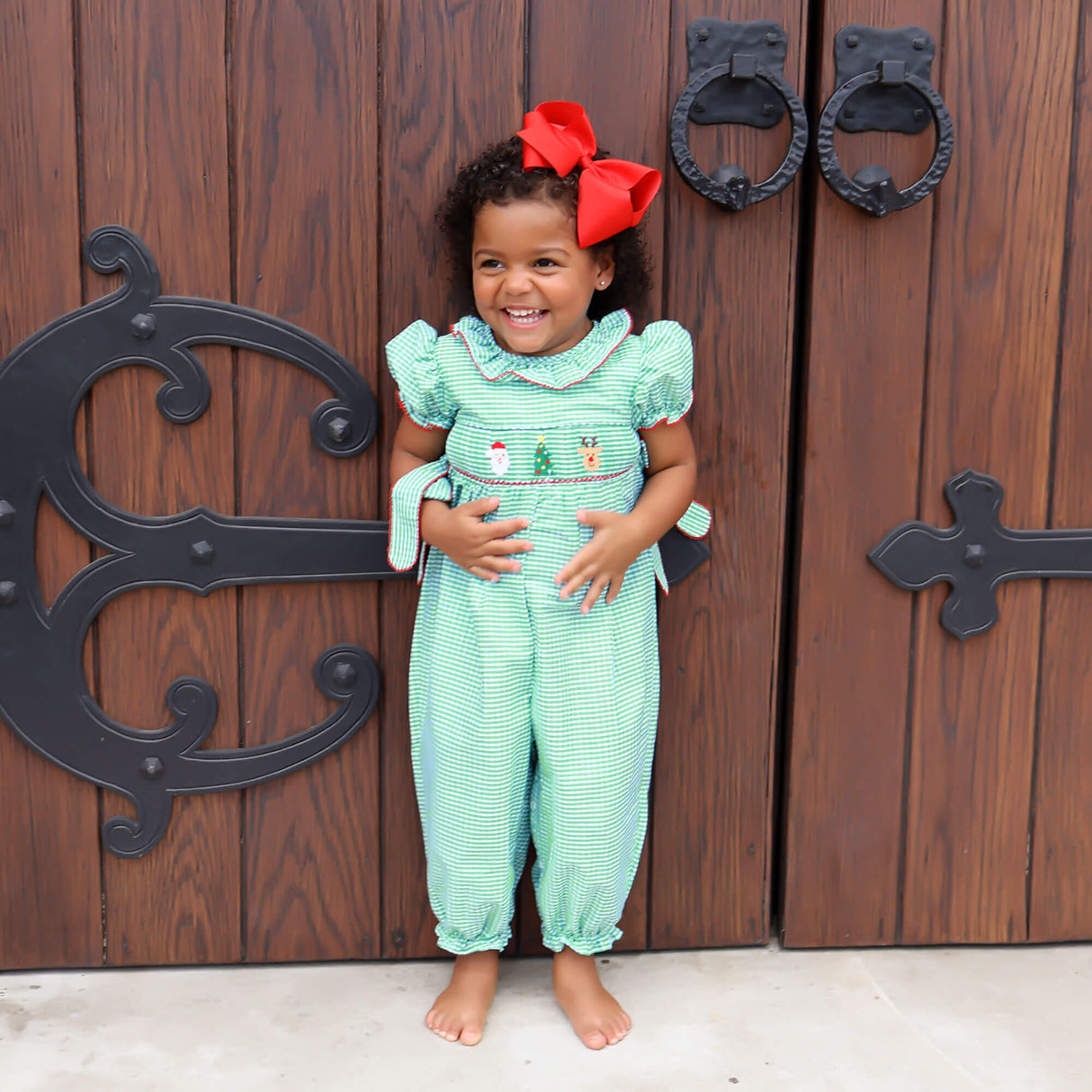 Jolly Christmas Smocked Green Windowpane Beverly Long Bubble
