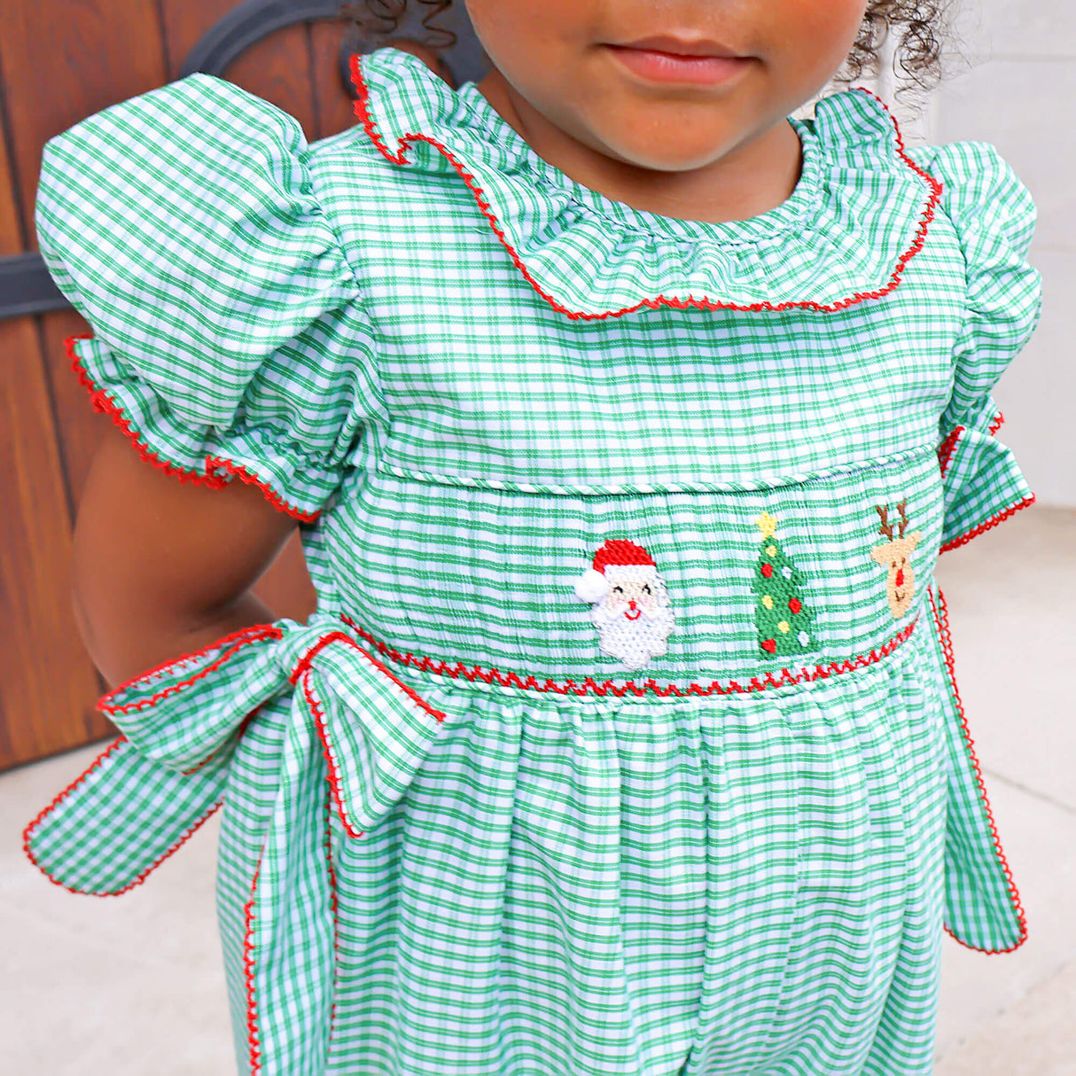 Jolly Christmas Smocked Green Windowpane Beverly Long Bubble