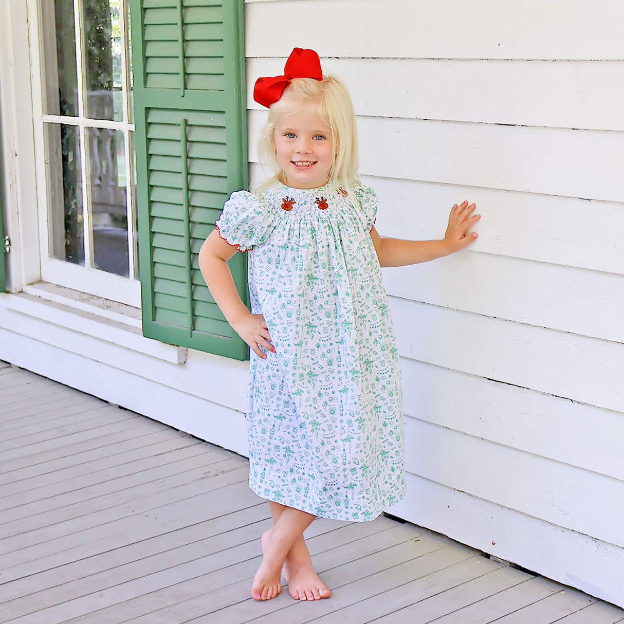 Reindeer Cheer Smocked Green Toile Bishop Dress