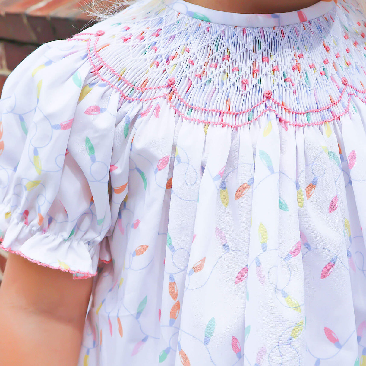 Christmas Lights White Print Smocked Bloomer Set