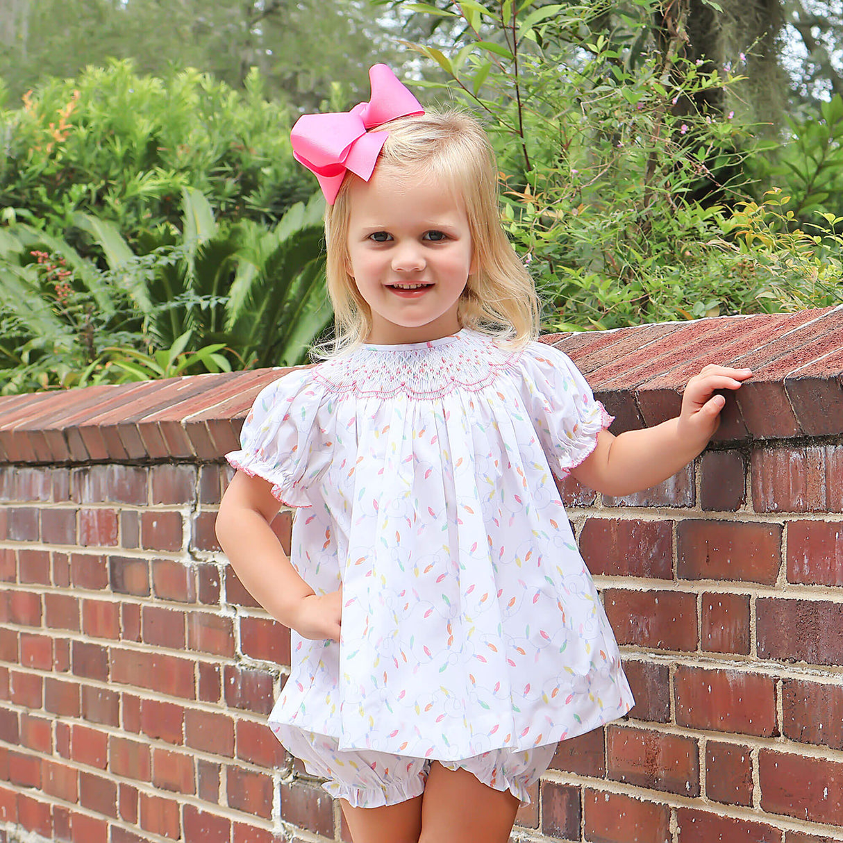Christmas Lights White Print Smocked Bloomer Set