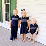 Navy Corduroy Smocked Collared Pant Set