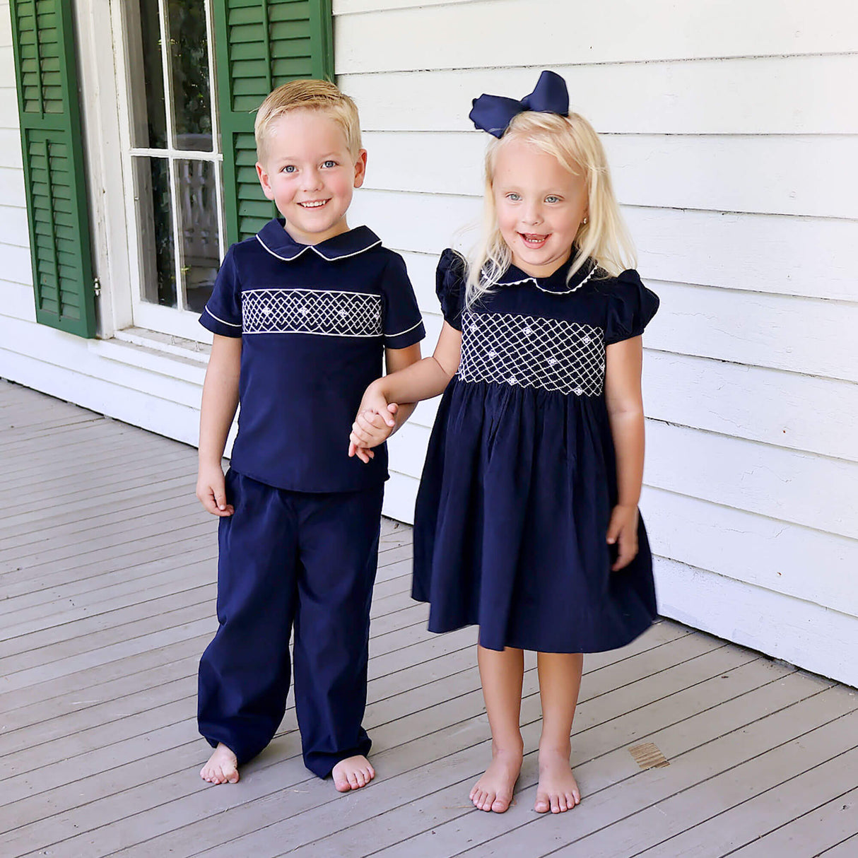 Navy Corduroy Smocked Collared Pant Set