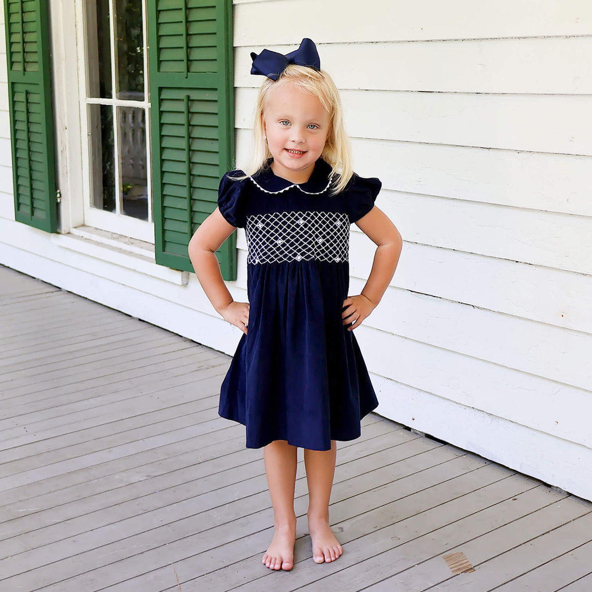 Navy Corduroy Smocked Collared Dress
