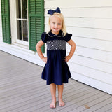 Navy Corduroy Smocked Collared Dress