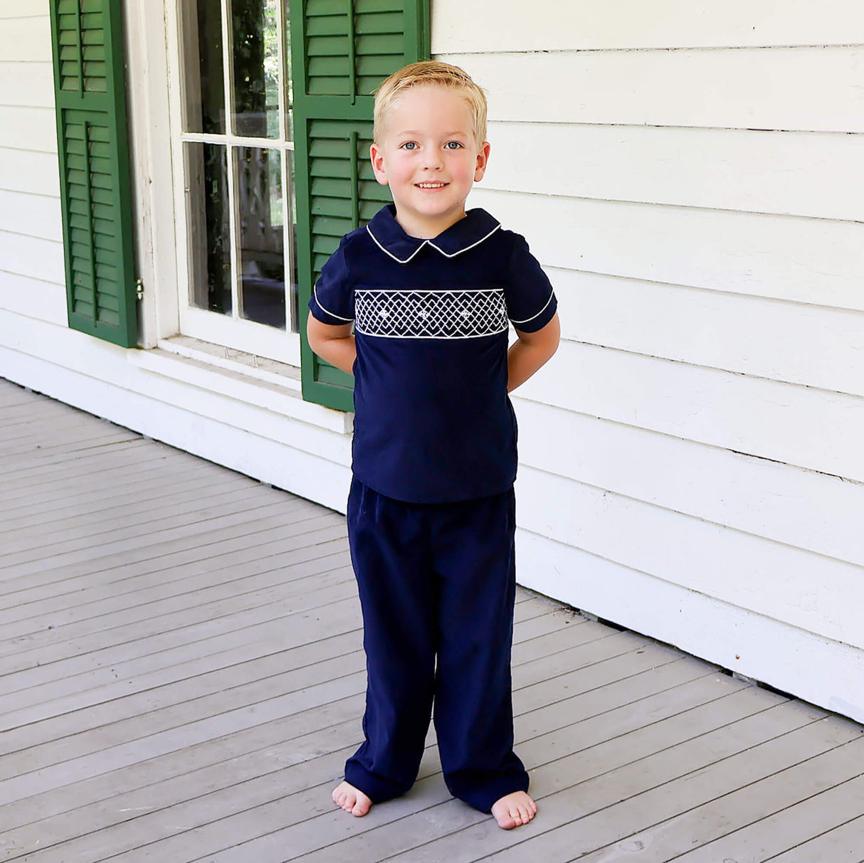 Navy Corduroy Smocked Collared Pant Set
