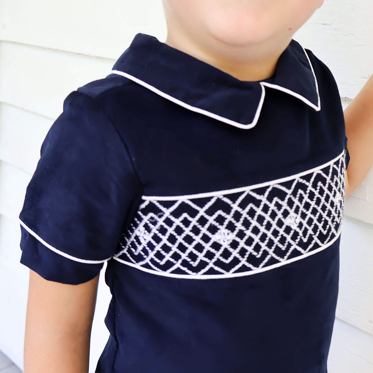 Navy Corduroy Smocked Collared Pant Set