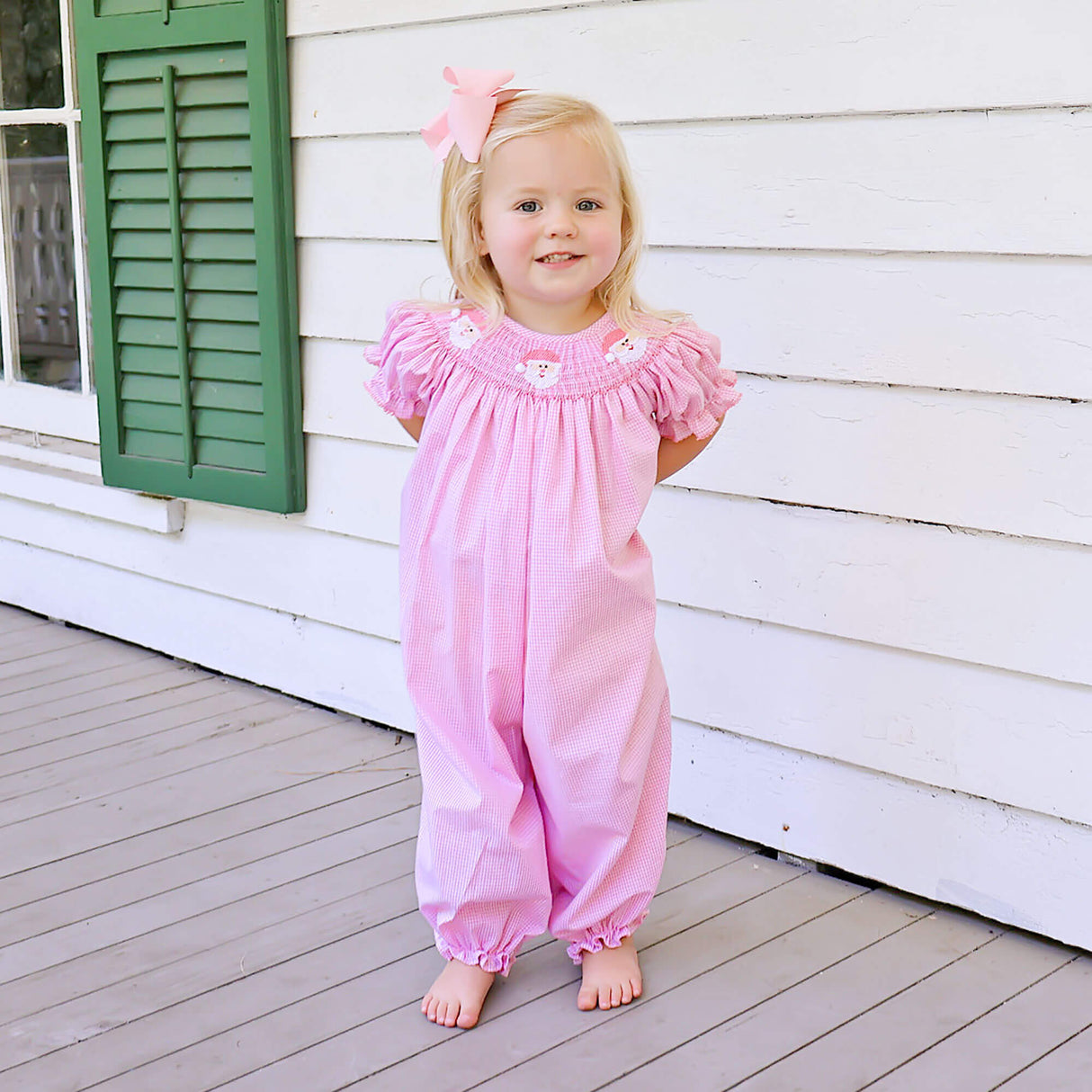 Happy Santa Smocked Pink Gingham Long Bubble