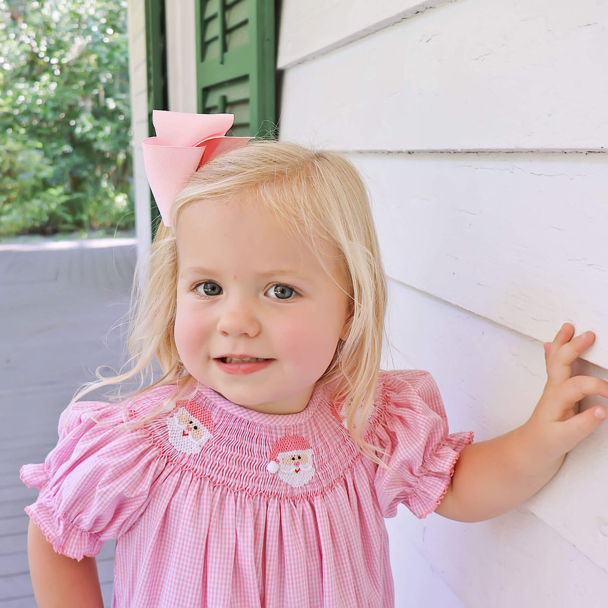 Happy Santa Smocked Pink Gingham Long Bubble