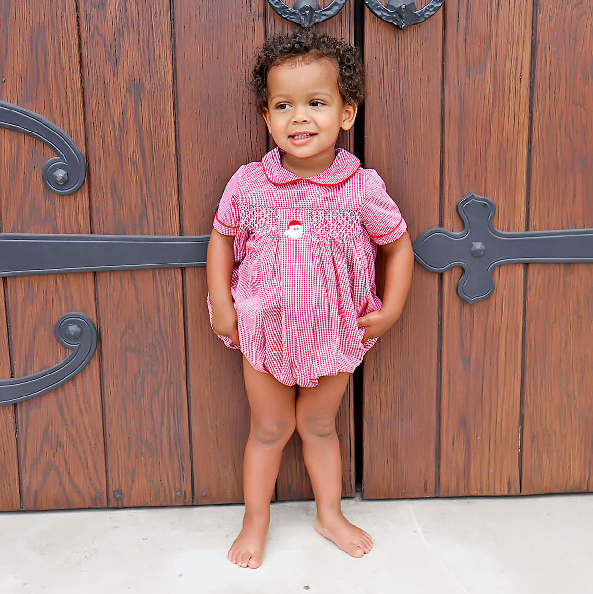 Santa's Favorite French Knot and Smocked Red Gingham Collared Bubble