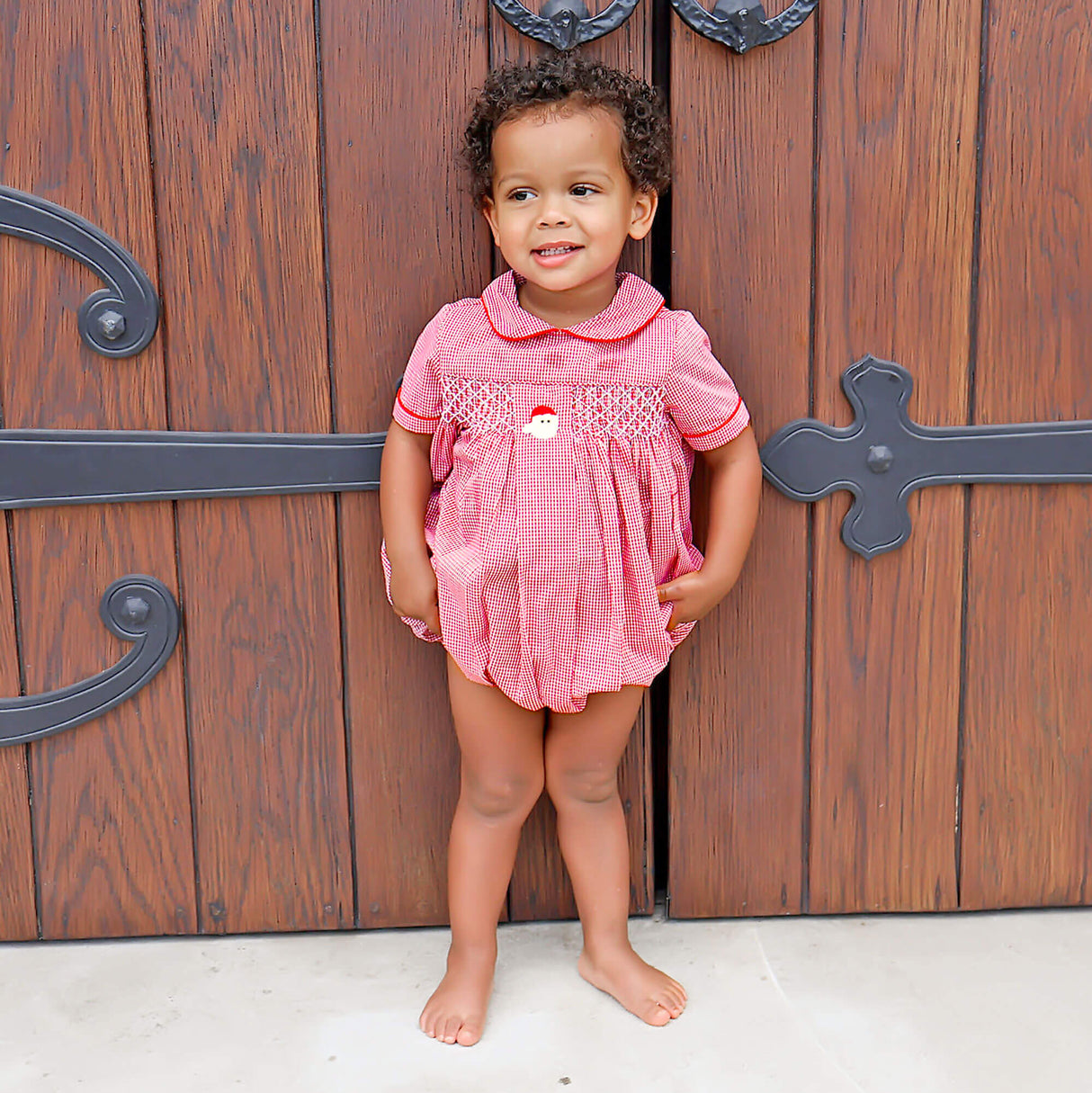 Santa's Favorite French Knot and Smocked Red Gingham Collared Bubble