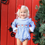 Happy Santa Smocked Blue Gingham Long Sleeve Bubble