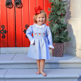 Happy Santa Smocked Blue Gingham Long Sleeve Dress
