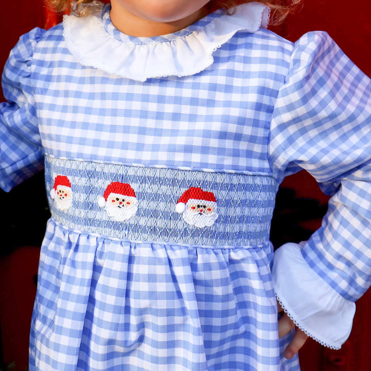 Happy Santa Smocked Blue Gingham Long Sleeve Dress