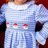 Happy Santa Smocked Blue Gingham Long Sleeve Dress