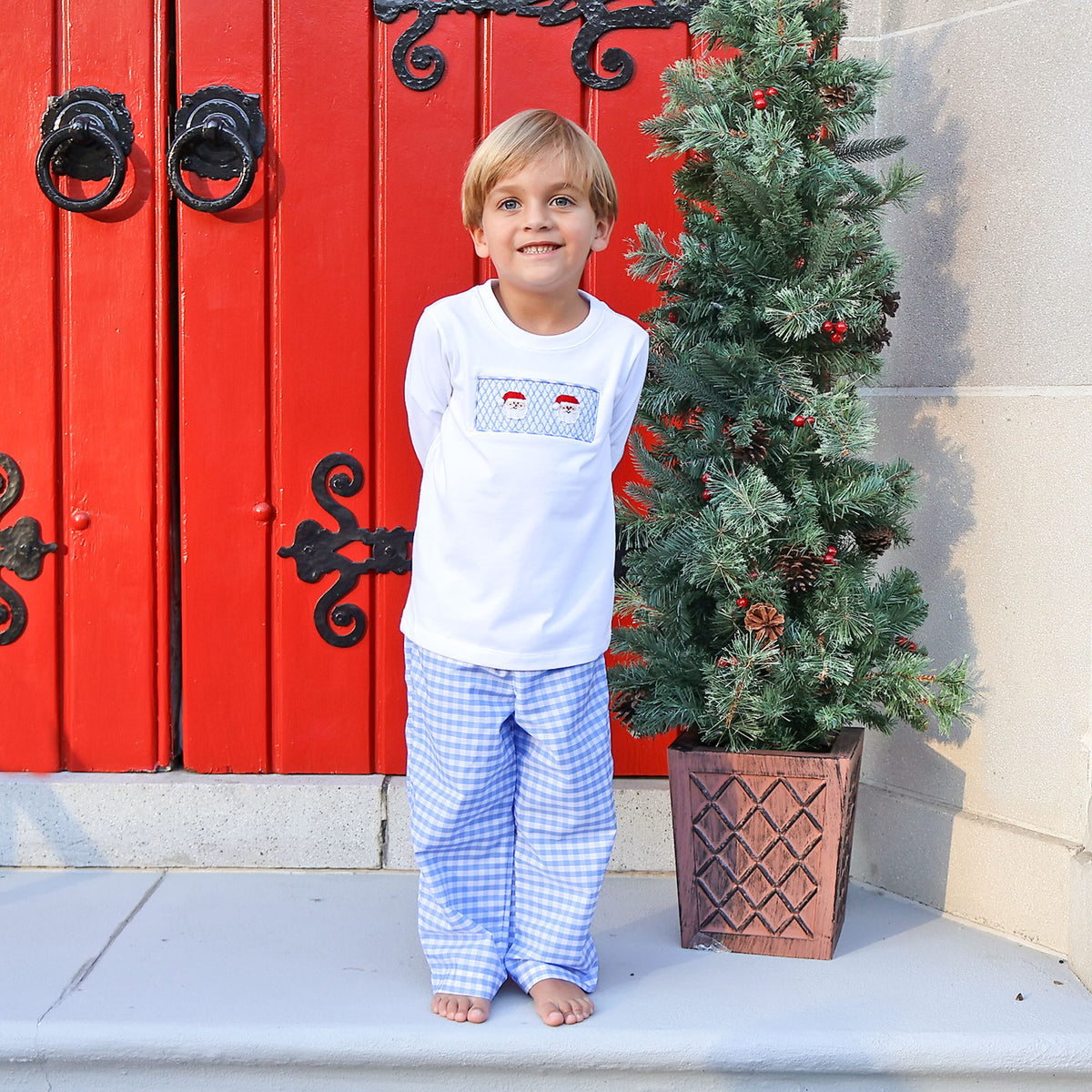 Happy Santa Smocked Blue Gingham Pant Set