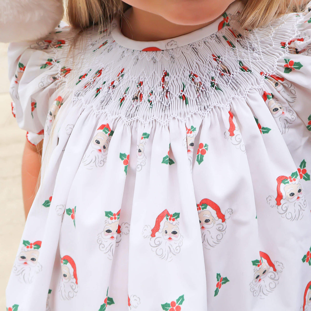 Happy Santa White Print Smocked Bishop Dress