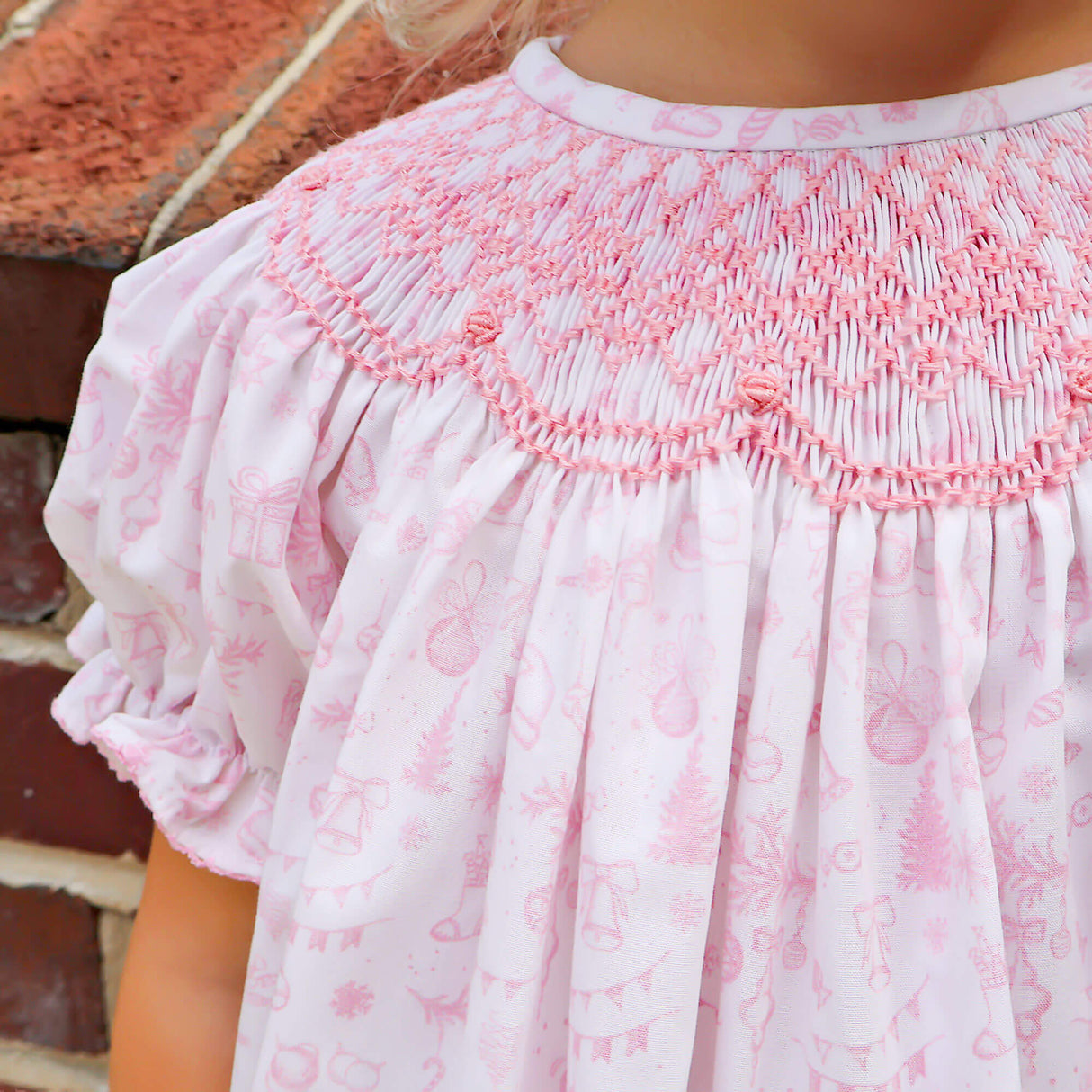 Pink Christmas Print Smocked Bishop Dress