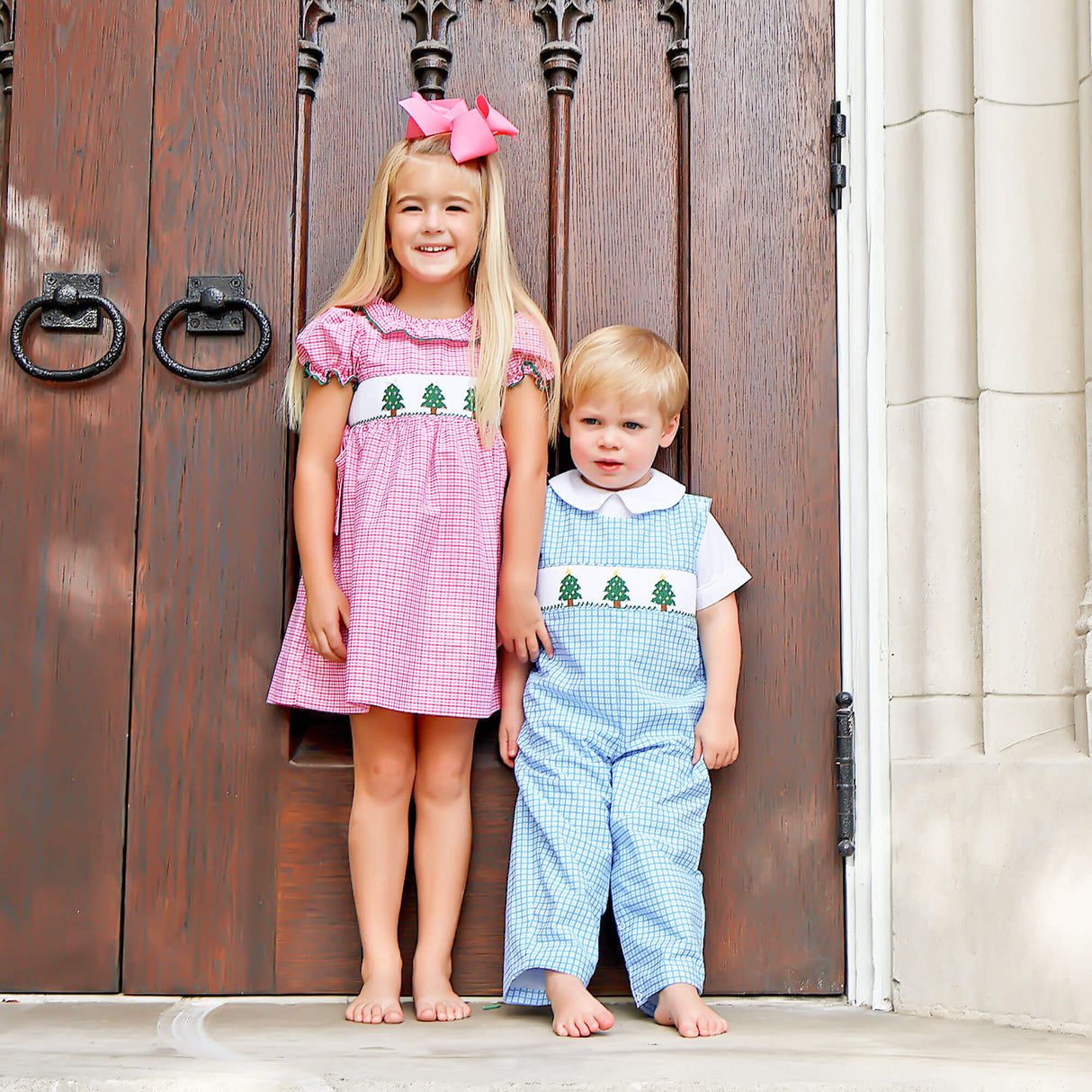 Christmas Tree Smocked Light Blue Gingham Longall