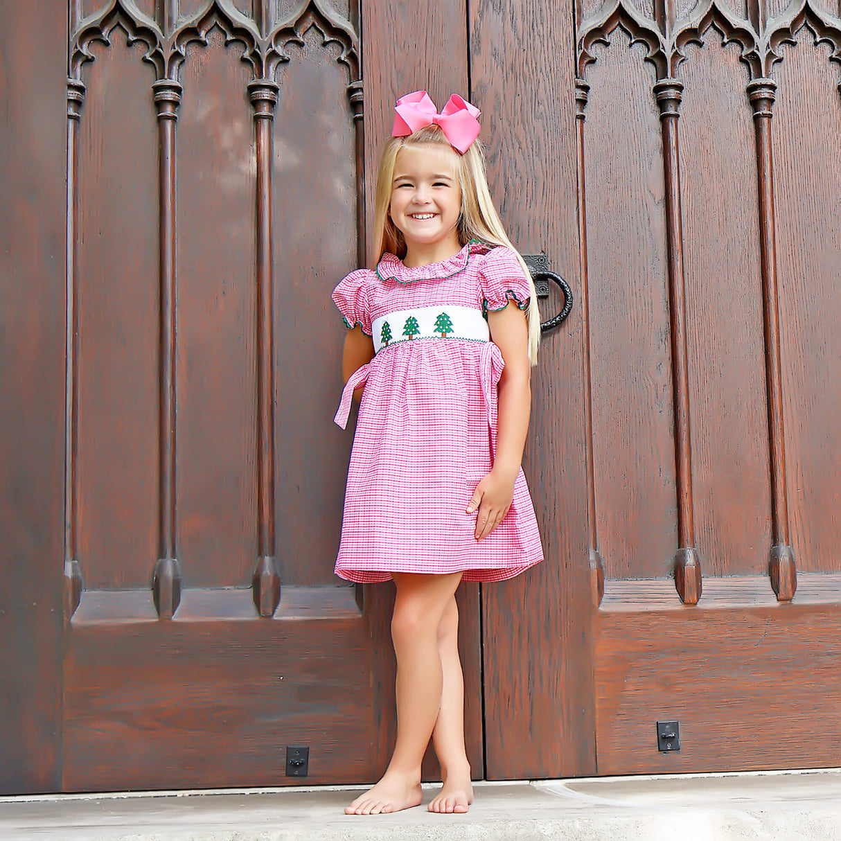 Christmas Tree Smocked Hot Pink Gingham Beverly Dress