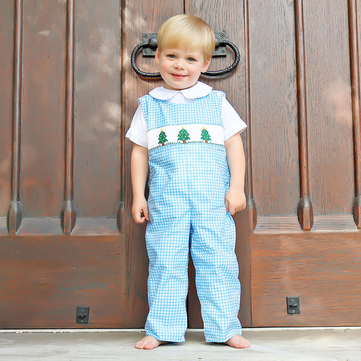 Christmas Tree Smocked Light Blue Gingham Longall