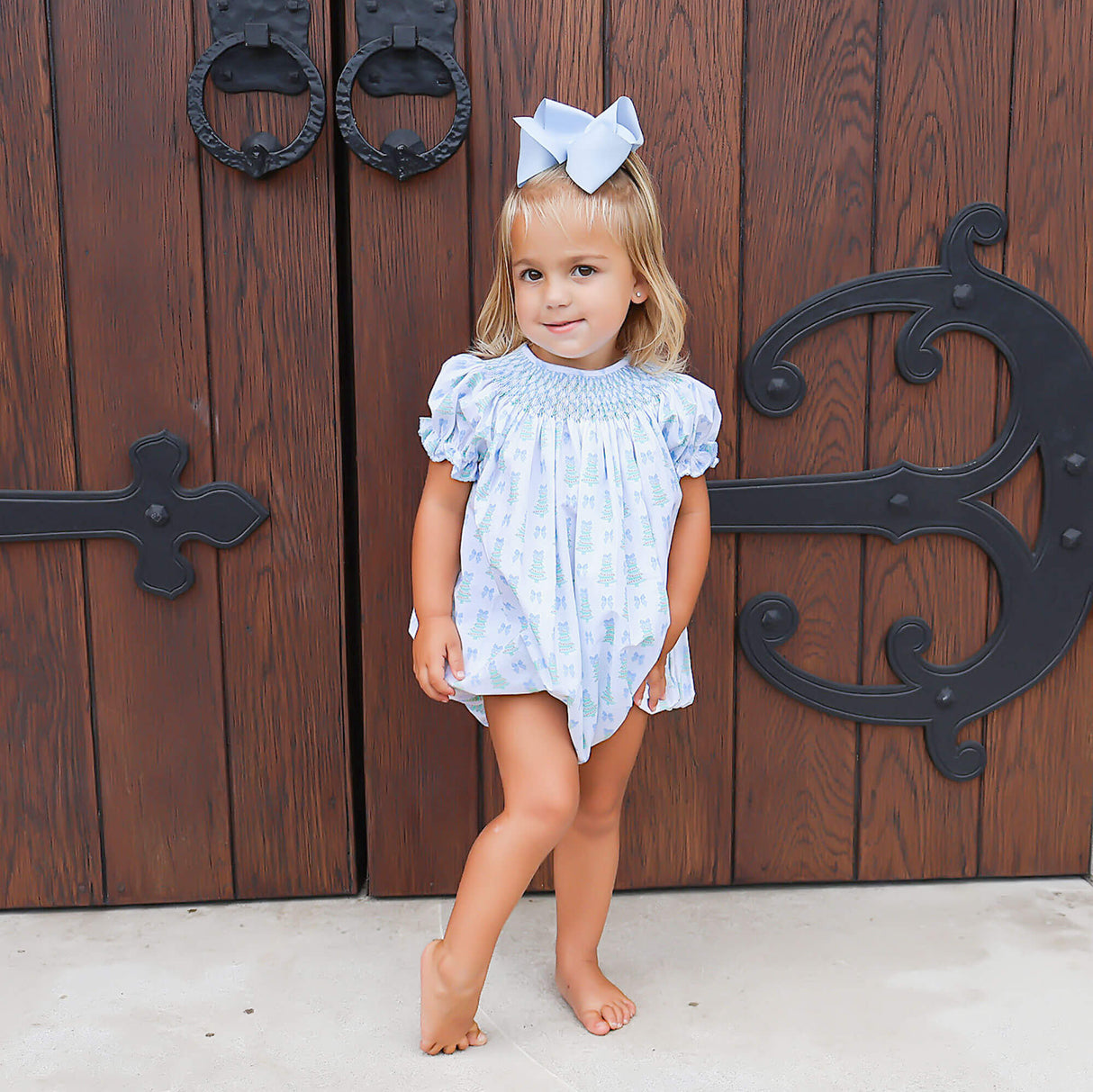 Christmas Tree Bow Blue Smocked Bishop Bubble