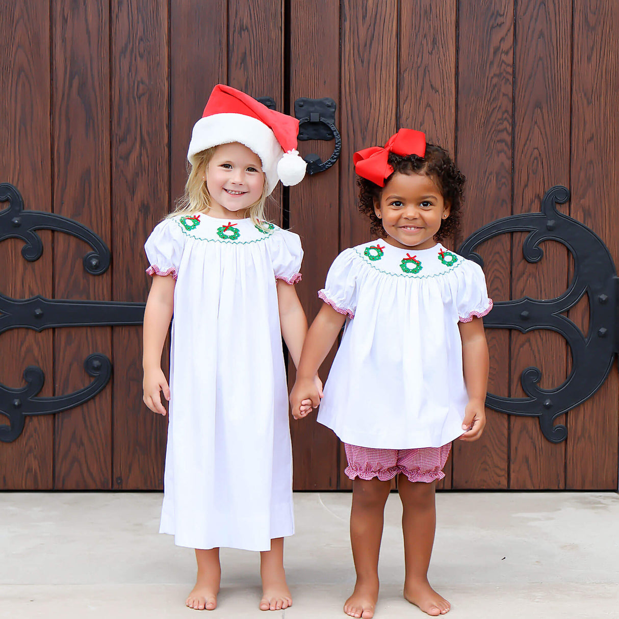 Wreath Smocked White Corduroy Bishop Dress