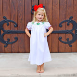 Wreath Smocked White Corduroy Bishop Dress