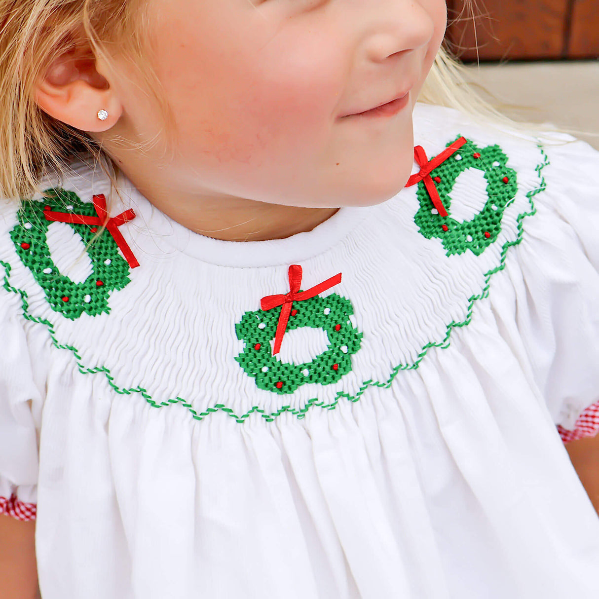 Wreath Smocked White Corduroy Bishop Dress
