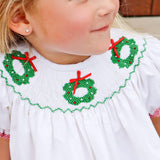 Wreath Smocked White Corduroy Bishop Dress