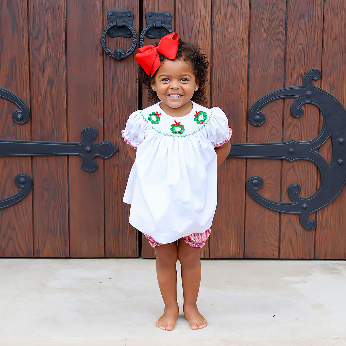Wreath Smocked White Corduroy Bloomer Set