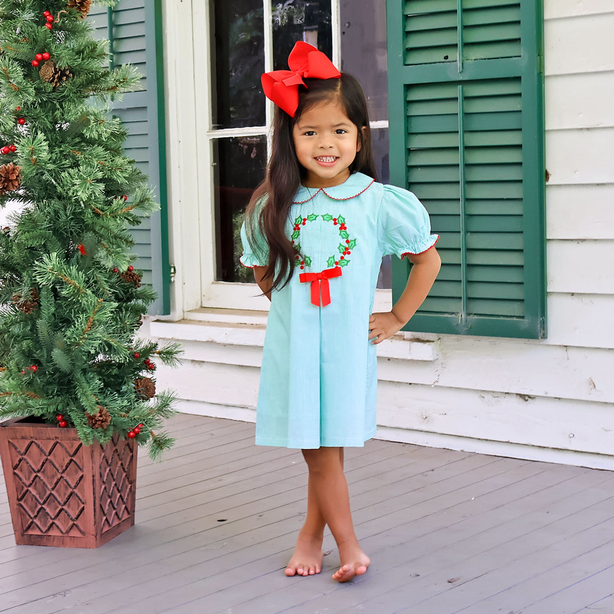 Christmas Wreath Green Stripe Claire Dress