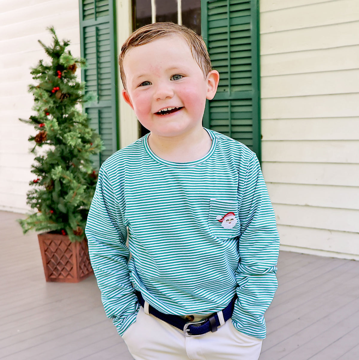 Happy Santa Green Stripe Long Sleeve Pocket Shirt