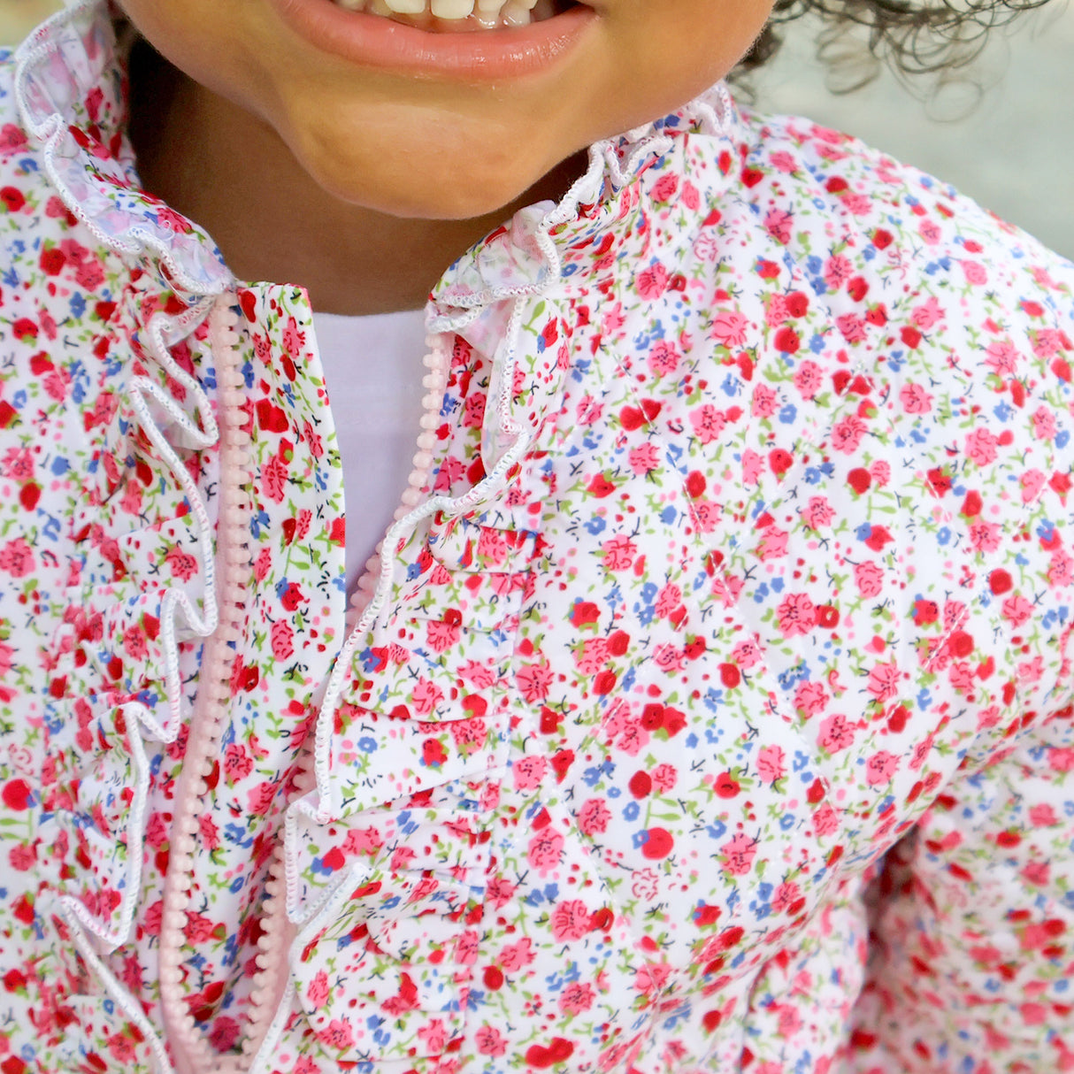 Pink Floral Quilted Ruffle Coat