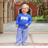 Construction Truck Smocked Blue Plaid Pant Set