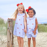 Crab Schiffli Blue Gingham Ruffle Collared Bloomer Set