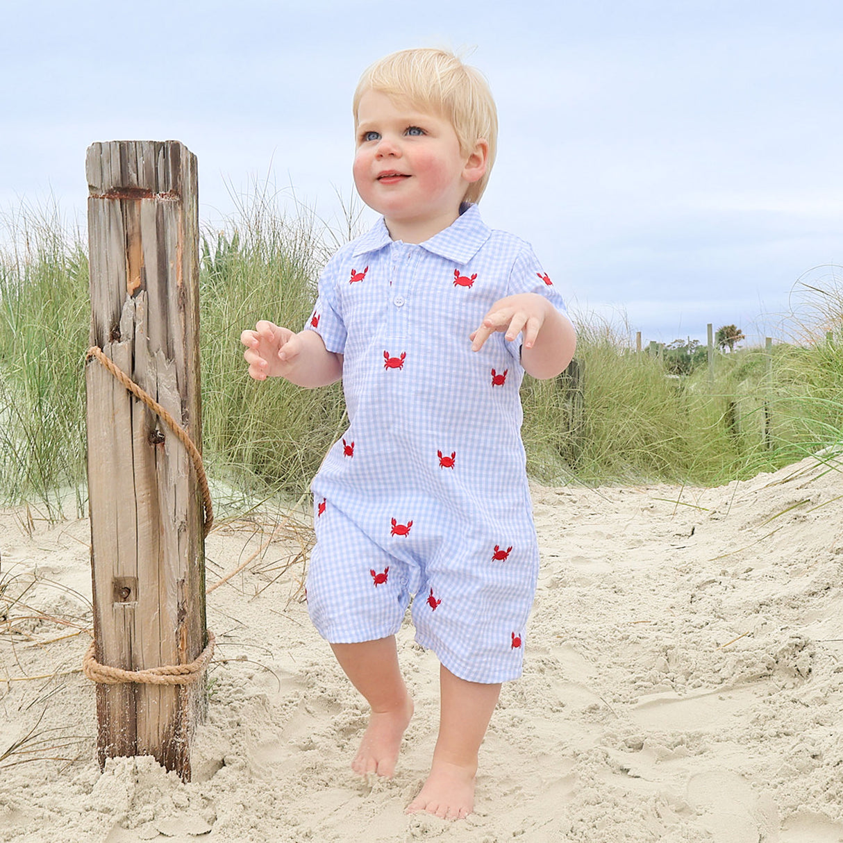 Crab Schiffli Blue Gingham Polo Romper