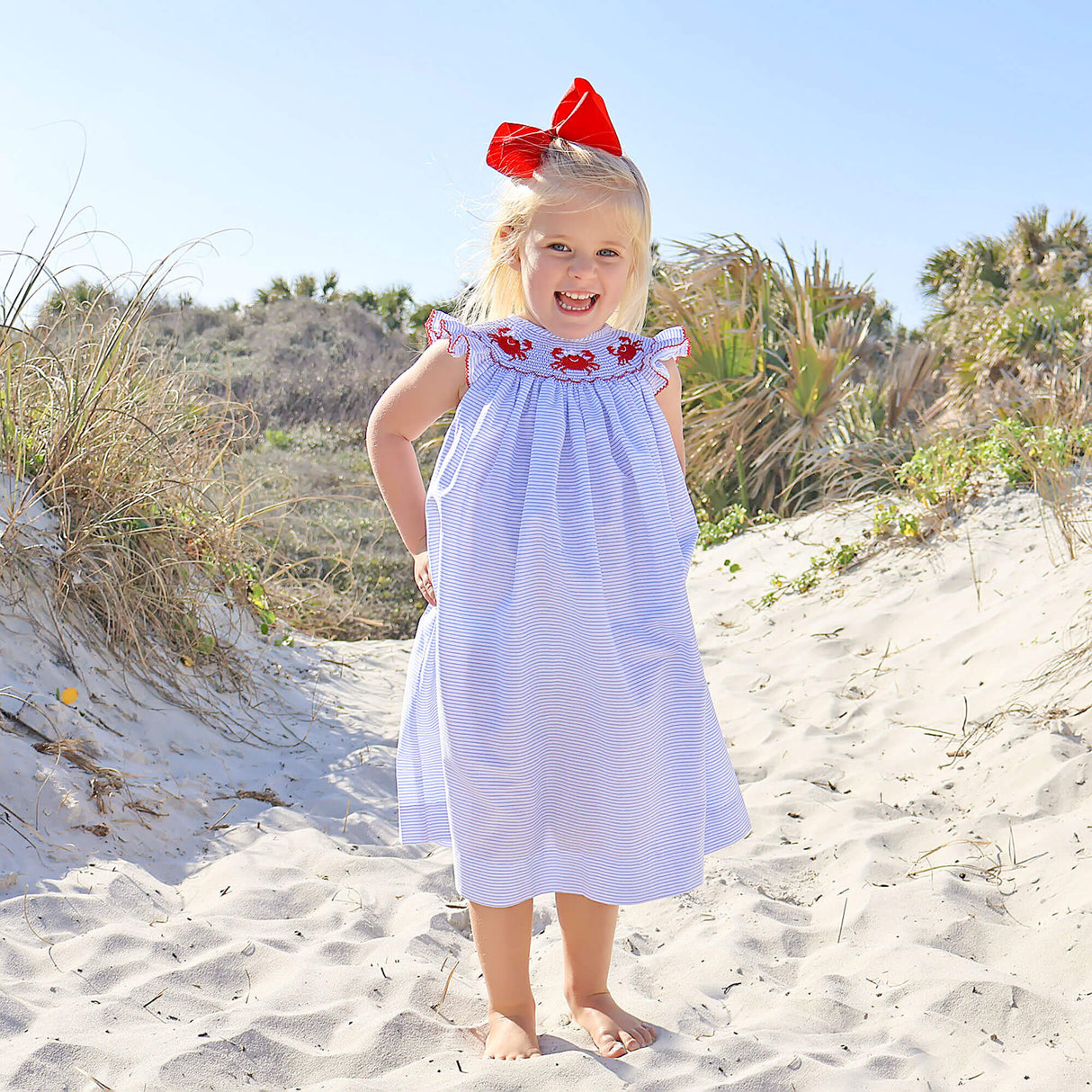 Crab Treasures Smocked Blue Stripe Angel Sleeve Dress