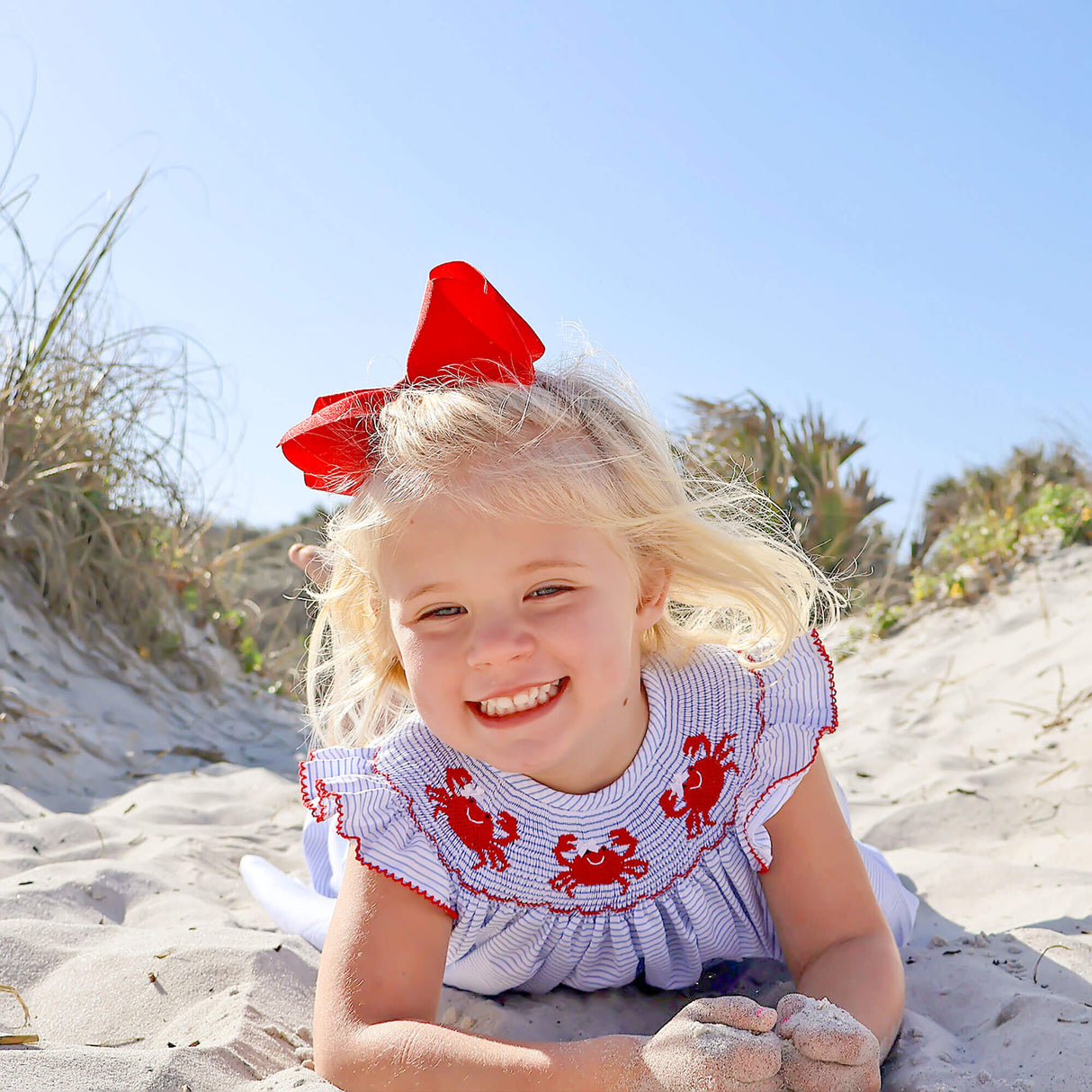 Crab Treasures Smocked Blue Stripe Angel Sleeve Dress