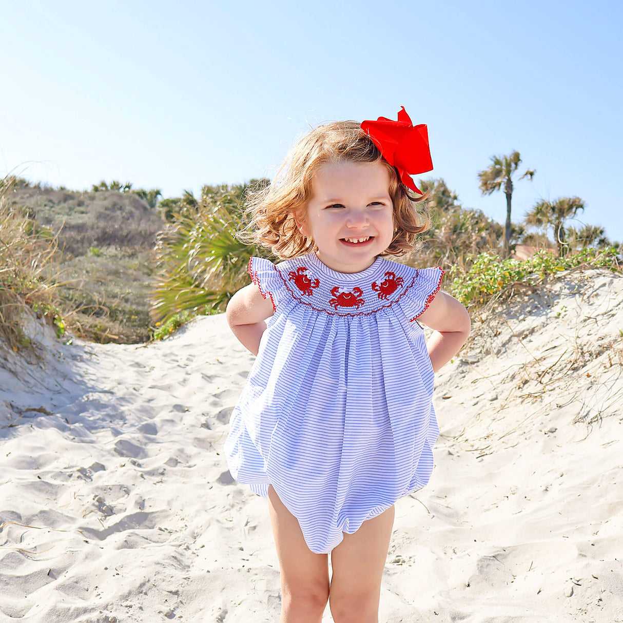 Crab Treasures Smocked Blue Stripe Angel Sleeve Bubble