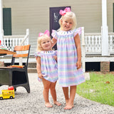 Crayon Smocked Colorful Plaid Angel Sleeve Dress