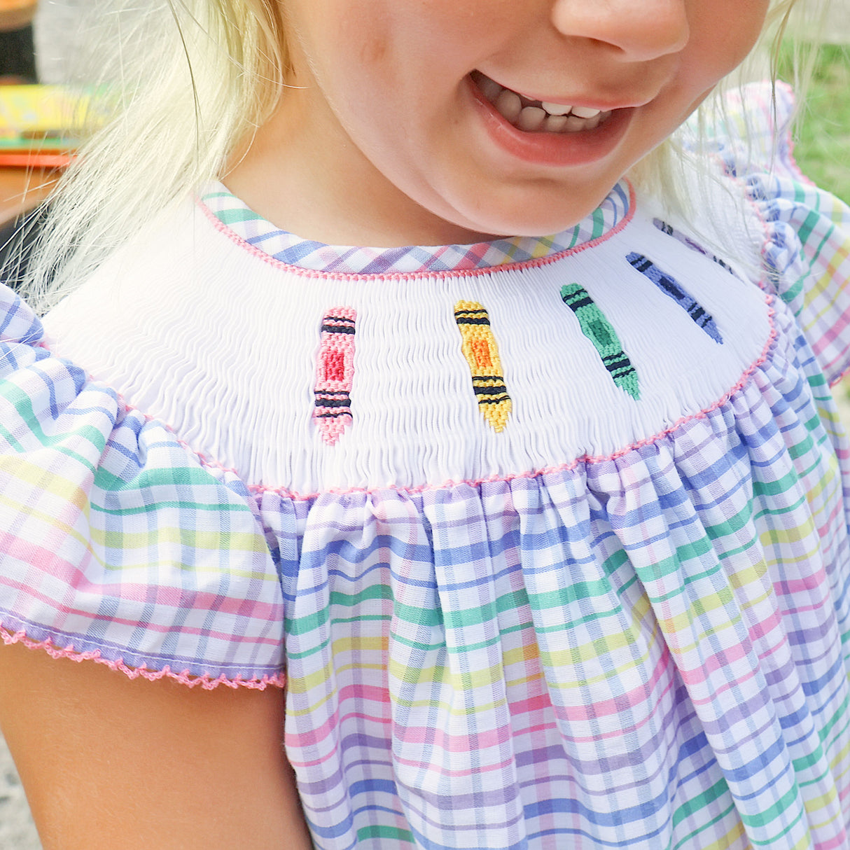 Crayon Smocked Colorful Plaid Angel Sleeve Dress