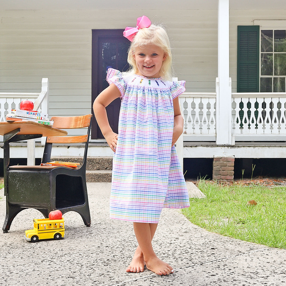 Crayon Smocked Colorful Plaid Angel Sleeve Dress