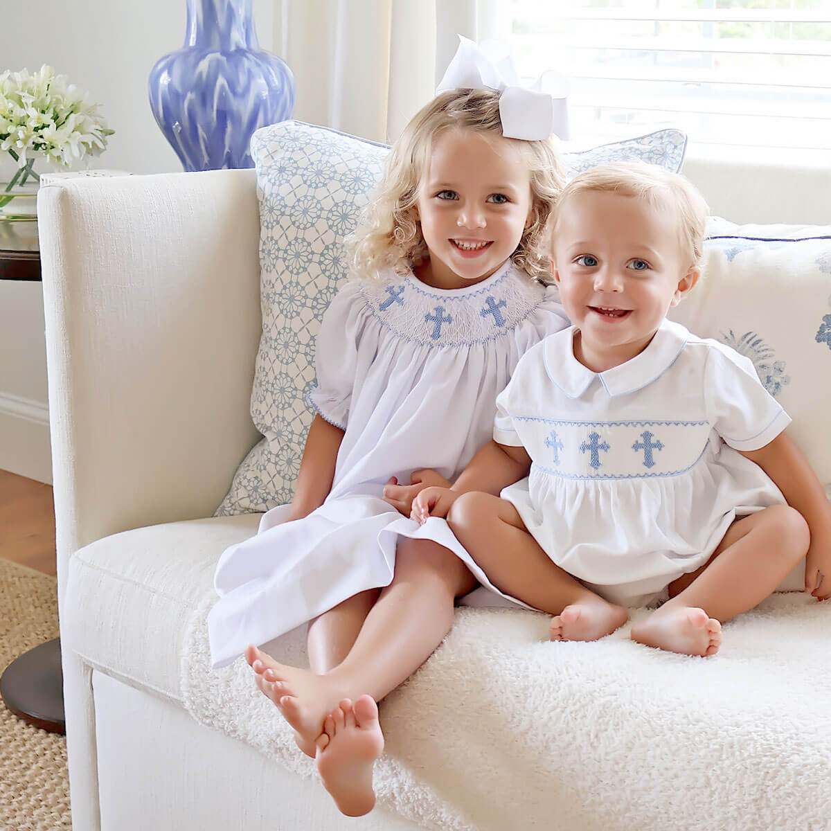 Blue Cross Smocked White Pique Dress