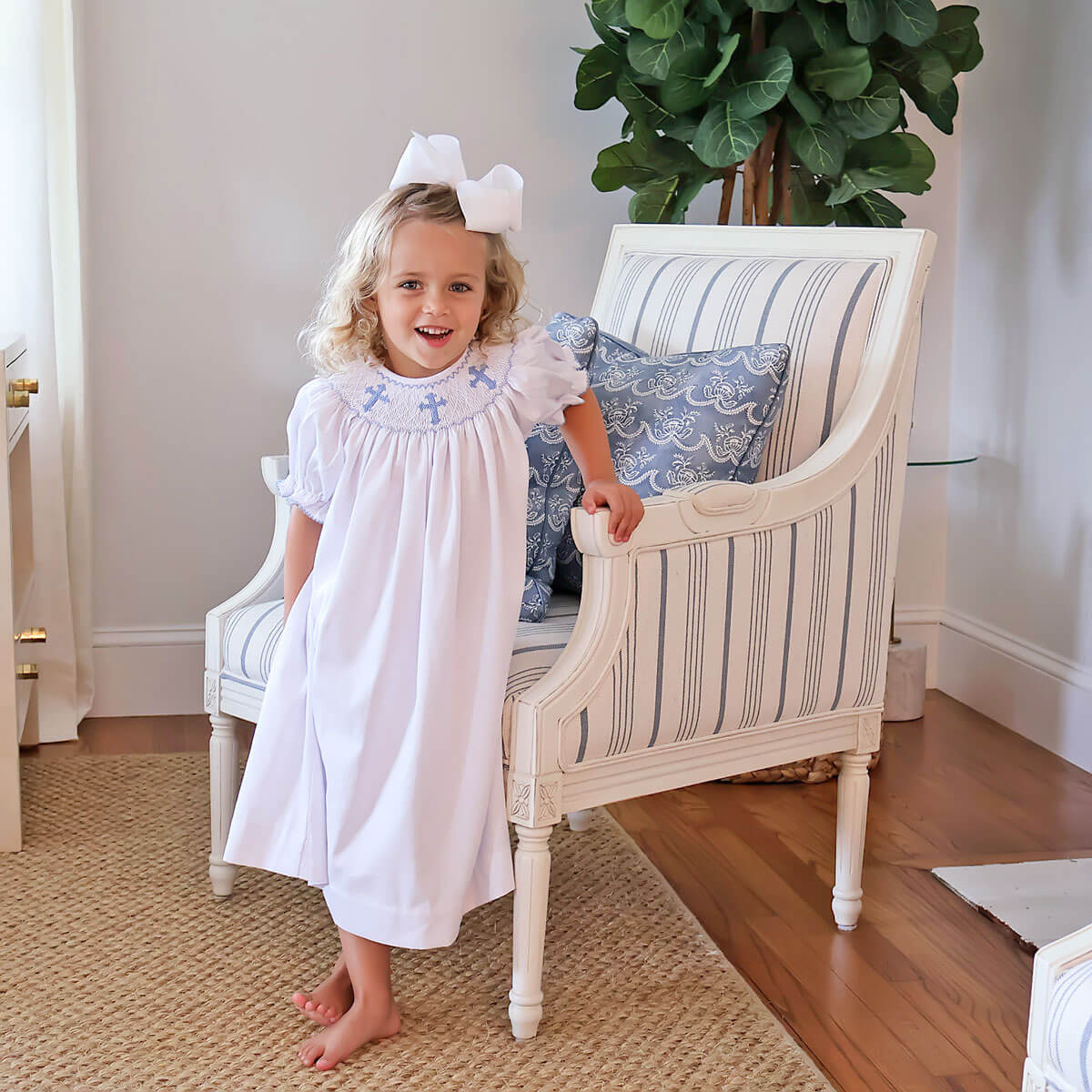 Blue Cross Smocked White Pique Dress